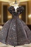 Coffee Ball Gown Sequins V-neck Short Tea Length Prom Dress