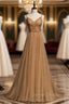 Coffee Gold Tulle Spaghetti Straps Beading Pleats Prom Dress