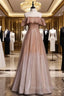 Coffee Tulle Sequins Off the Shoulder Beading Prom Dress