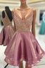 Crystal Beaded V Neck Satin Homecoming Dress Short Prom Gowns