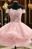 Custom Made Off Shoulder Pink Lace Short Prom Dress, Pink Lace Bridesmaid Dress, Homecoming Dress