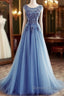 Custom Made Round Neck Sleeveless Lace Prom Dress, Blue Lace Formal Dress