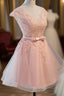 Custom Pink Lovely Cap Sleeves Knee Length Formal Dress, Pink Tulle Prom Dress