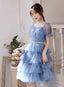 Cute Blue Layers Shiny Tulle Short Sleeves Party Dress, Blue Homecoming Dresses