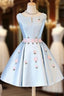Cute Blue Satin Short Homecoming Dress Party Dress, Blue Prom Dress With Flowers