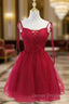 Cute Burgundy Tulle Lace Short Prom Dress, Lace Burgundy Puffy Homecoming Dress