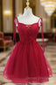 Cute Burgundy Tulle Lace Short Prom Dress, Lace Burgundy Puffy Homecoming Dress