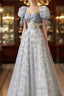 Cute Floral Printed Long Prom Dress A Line Puff Sleeves Blue Party Gown