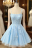 Cute Glitter Blue Homecoming Dress A Line Sequins Short Prom Dress with Appliques