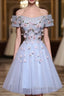 Cute Gray Blue Tulle Short Prom Dress, Off The Shoulder Homecoming Dress