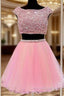 Cute Jewel Two Pieces Beading Pink Homecoming Dress