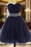 Cute Navy Blue Sweetheart Beaded Homecoming Dress, Short Prom Dress