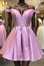 Cute Off Shoulder Pink Satin Short Prom Dress, Off the Shoulder Pink Homecoming Dress, Pink Formal Graduation Evening Dress