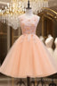 Cute Pink Flowers And Lace Applique Round Neckline Party Dress, Pink Homecoming Dress