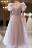 Cute Pink Tulle Short Sleeves Knee Length Homecoming Dress, Cute Pink Prom Dress