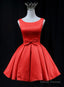 Cute Red Satin Short Party Dress Prom Dress, Red Round Neckline Homecoming Dress