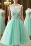 Cute Round Neck Lace Tulle Short Green Prom Dress, Bridesmaid Dress