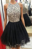 Cute Round-Neck Sequin Tulle Short Black Prom Dress, Black Homecoming Dress