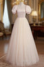 Cute Satin Tulle Long Prom Dress, A-Line Short Sleeve Evening Dress