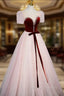 Cute Tulle Long Prom Dress with Velvet, A-Line Short Sleeve Evening Dress