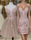 Cute tulle pink lace short prom Dress, cute lace homecoming Dress