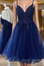 Cute V Neck Backless Blue Lace Short Prom Dress, Blue Lace Homecoming Dress, Blue Formal Evening Dress