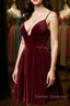 Cute V Neck Backless Burgundy Velvet Short Prom Homecoming Dress, Backless Maroon Formal Graduation Evening Dress