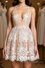 Cute V Neck Backless Pink Lace Appliques Short Prom Dress, Pink Lace Formal Graduation Homecoming Dress