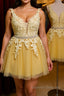 Cute V Neck Yellow Lace Short Prom Dress with Belt, Yellow Lace Homecoming Dress, Short Yellow Formal Evening Dress