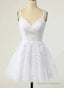 Cute V-Neckline White Tulle With Lace Graduation Dress, White Short Party Dress