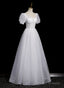 Cute White Tulle Short Sleeves Beaded Party Dress, A-Line White Tulle Formal Dress