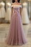 Pink A Line Off Shoulder Floor Length Prom Dress, Lace Evening Dress
