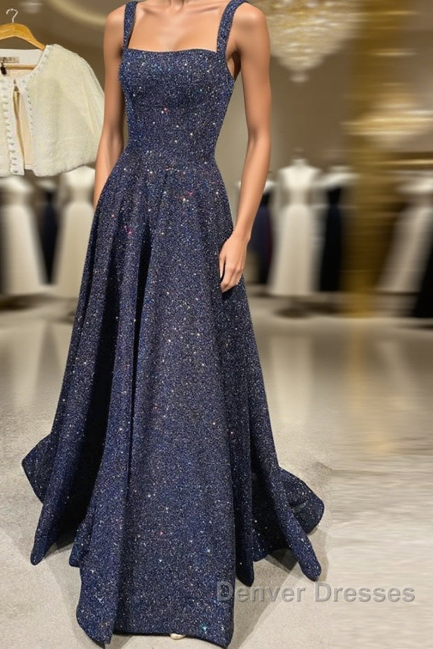 Party Dresses Miami, Dark blue sequin long prom dress , blue evening