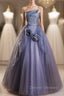 Dark Blue Tulle Strapless Pleats Flower Prom Dress
