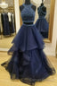 Dark Blue Two Pieces Beads Long Prom Dress, Formal Dress