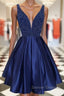 Dark blue v neck beads satin short prom Dress, blue homecoming Dress