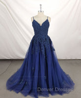 Dark Blue V Neck Tulle Lace Long Prom Dress Blue Lace Bridesmaid Dress