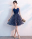 Dark Blue V Neck Tulle Sequin Short Prom Dress, Blue Homecoming Dress S94