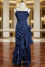 Dark Blue Vintage Floral Elegant Dress Asymmetrical Hem Prom Gown