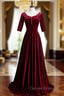 Dark Burgundy Velvet Short Sleeve Prom Dress With Pearls
