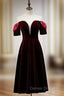 Dark Burgundy Velvet Short Sleeve Tea Length Prom Dress