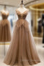 Dark Champagne Tulle Spagehtti Straps Beading Prom Dress
