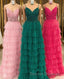 Dark Green A-Line Tiered Tulle Long Prom Dress with Lace