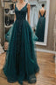 Dark Green Lace Beaded Long Prom Dress, V Neck Backless Evening Dress