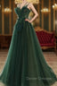 Dark Green Long Beaded A-line Evening Dress Party Dress, Green Prom Dress