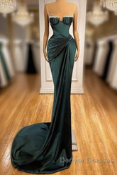 Dark Green Mermaid Spaghetti-Straps Satin Long Prom Dress With Beadings