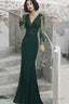 Dark Green Mermaid Spandex Long Evening Dress With Lace, Long Sleeves Prom Dresses