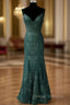 Dark Green Prom Dress, Trumpet/Mermaid V Neck Spaghetti Straps Long/Floor-Length Tulle Prom Dress With Appliqued Beading