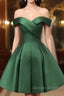 Dark Green Satin Off Shoulder Knee Length Party Dress, Green Homecoming Dress Prom Dress