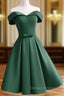 Dark Green Satin Off Shoulder Short Prom Dress, Green Homecoming Dress
